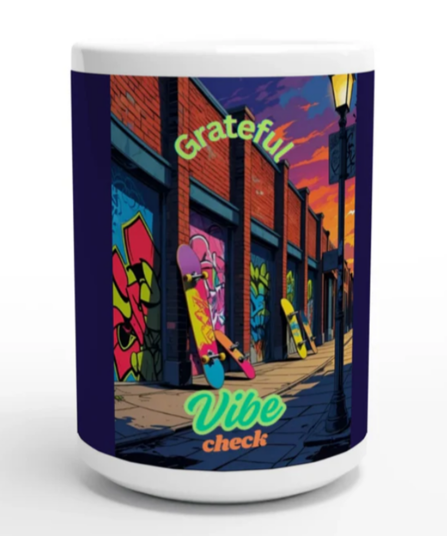 Recharge Your Day with Alley Gratitude Vibe Check Gratitude Coffee Mug that Combines Streetwise Style with Mindful Reflection Great Gift for Urban Edgy Street Art |White 15oz Ceramic Mug