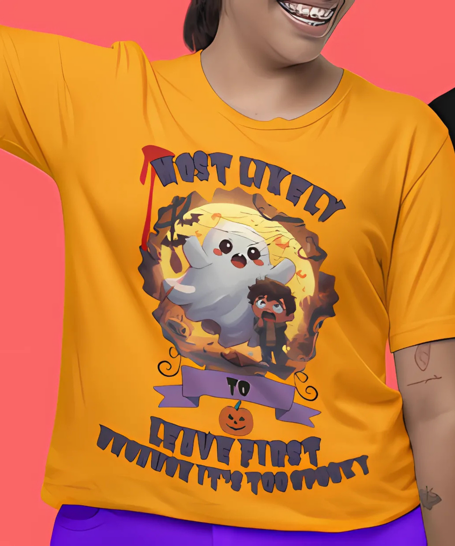 Most Likely To Leave First Because It's Too Spooky T-Shirt – Graphic Tee for Halloween Group Event Graphic Tee for Office Humor, Friend's Events and Work Gifts Premium Unisex Crewneck T-shirt | Bella + Canvas 3001