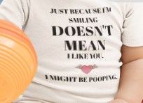 Silly Quote 'Just Because I'm Smiling Doesn't Mean I Like You' Funny Onesie with Horn Hand Skeleton on Back Great Gift for Baby Classic Baby Short Sleeve Bodysuit