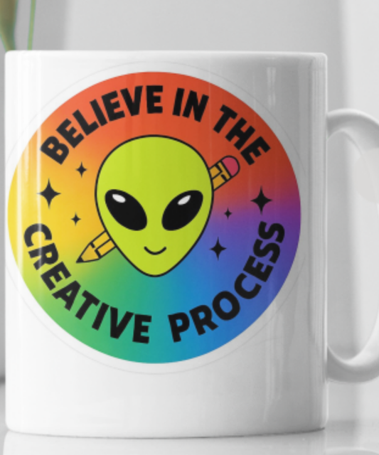 Believe in the Creative Process Alien with Pencil Great gift for alien or art enthusiasts.  | White 15oz Ceramic Mug