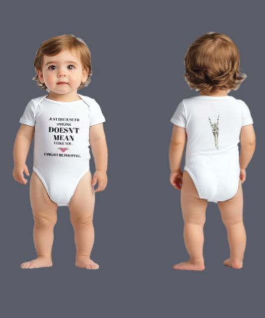 Silly Quote 'Just Because I'm Smiling Doesn't Mean I Like You' Funny Onesie with Horn Hand Skeleton on Back Great Gift for Baby Classic Baby Short Sleeve Bodysuit
