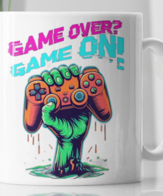 Game Over? Game on! Great gift for gamer or teen gamer. White 15oz Ceramic Mug