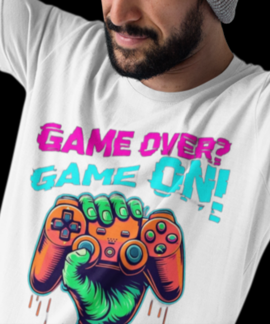 Unleash undead vibes and next‑level gamer flair with this “Game Over. Game On.”  Great Gift for Gamers | Premium Unisex Crewneck T-shirt | Bella + Canvas 3001 White