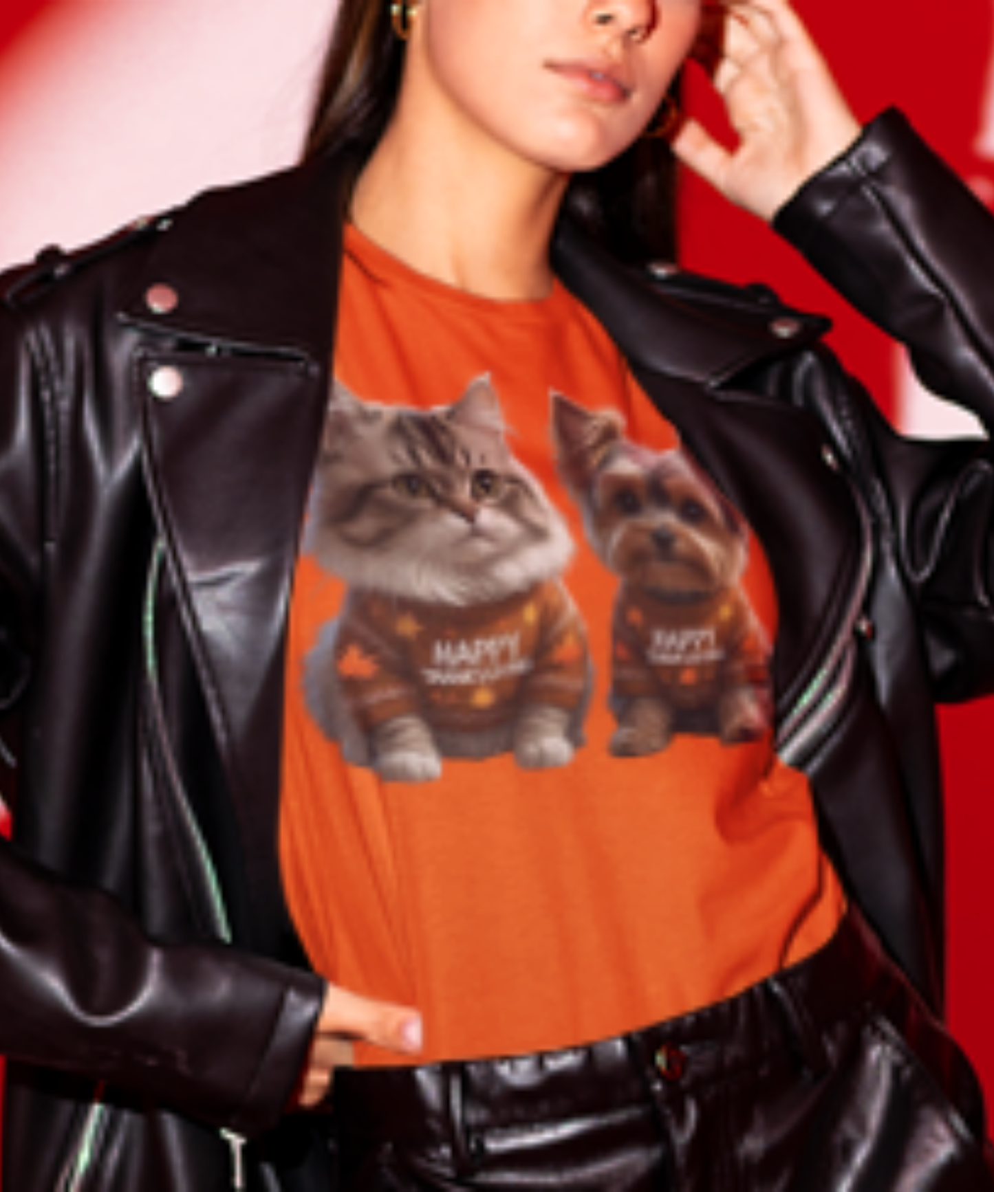 Paws-Giving Parade – Furry & Thankful in Style Great Gift for Yorkie and Ragdoll Cat Lovers Premium Unisex Crewneck T-shirt | Bella + Canvas 3001