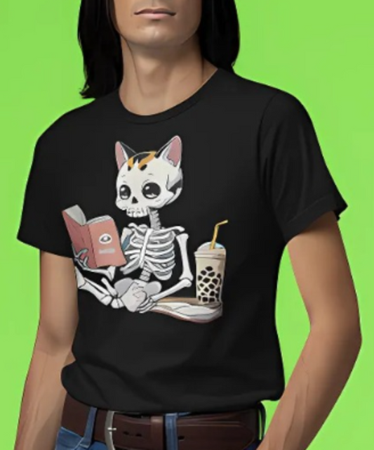 Bone‑Deep Bookworm: Funky Calico Skely Cat with Boba | Funky Unique Calico Skely Cat Reading Book with Boba Premium Unisex Crewneck T-shirt | Bella + Canvas 3001