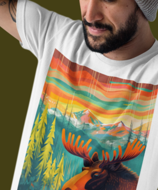 Abstract Moose Illustration with Vibrant Scene | Women's Relaxed T-Shirt | Bella + Canvas 6400