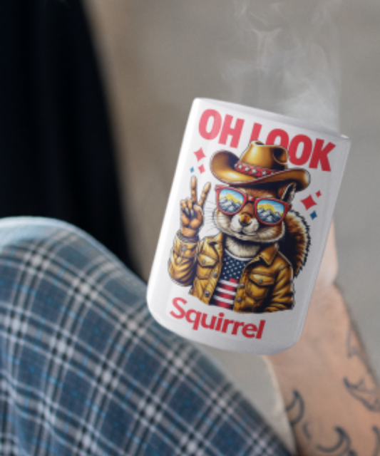 Embrace your fun side with our vibrant & Colorful Squirrel Mug, featuring the playful saying, "OH LOOK SQUIRREL." White 15oz Ceramic Mug