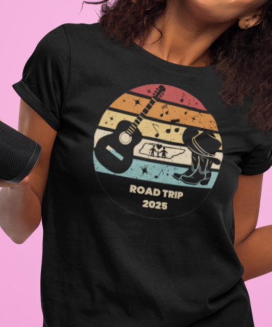 Boots, Beats & Broadway Vibes – Nashville Family Road Trip 2025 Tee Featuring Retro Look with Guitar Boots Hat Music Notes Outline of Tennessee| Premium Unisex Crewneck T-shirt | Bella + Canvas 3001