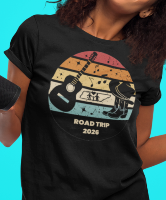 Boots, Beats &amp; Broadway Vibes – Nashville Family Road Trip 2026 Tee Featuring Retro Look with Guitar Boots Hat Music Notes Outline of Tennessee | Premium Unisex Crewneck T-shirt | Bella + Canvas 3001