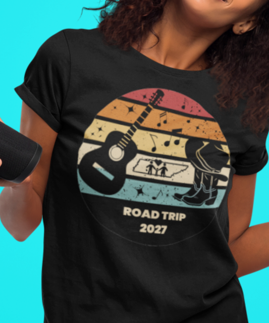 Boots, Beats & Broadway Vibes – Nashville Family Road Trip 2027 Tee Featuring Retro Look with Guitar Boots Hat Music Notes Outline of Tennessee |Premium Unisex Crewneck T-shirt | Bella + Canvas 3001
