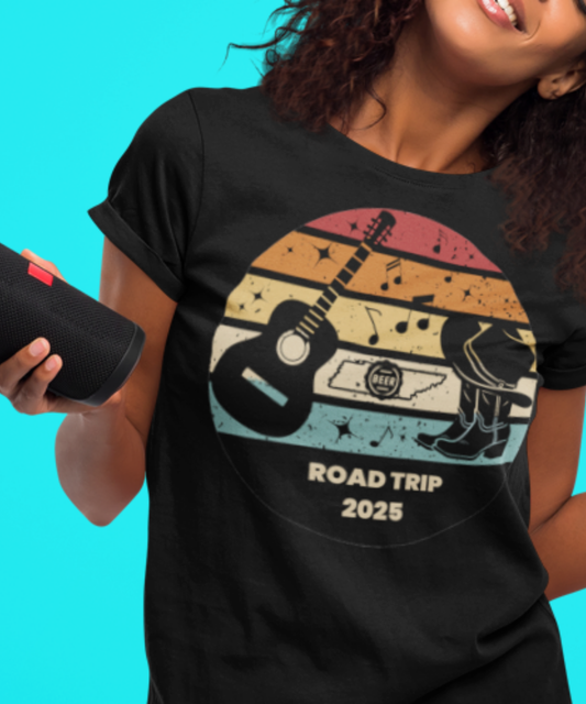 Boots, Beats & Broadway Vibes – Nashville Road Trip 2025 Tee Featuring Retro Look with Guitar Boots Hat Music Notes Beer Cap Outline of Tennessee | Premium Unisex Crewneck T-shirt | Bella + Canvas 3001