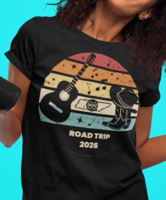 Boots, Beats & Broadway Vibes – Nashville Road Trip 2026 Tee Featuring Retro Look with Guitar Boots Hat Music Notes Beer Cap Outline of Tennessee | Premium Unisex Crewneck T-shirt | Bella + Canvas 3001