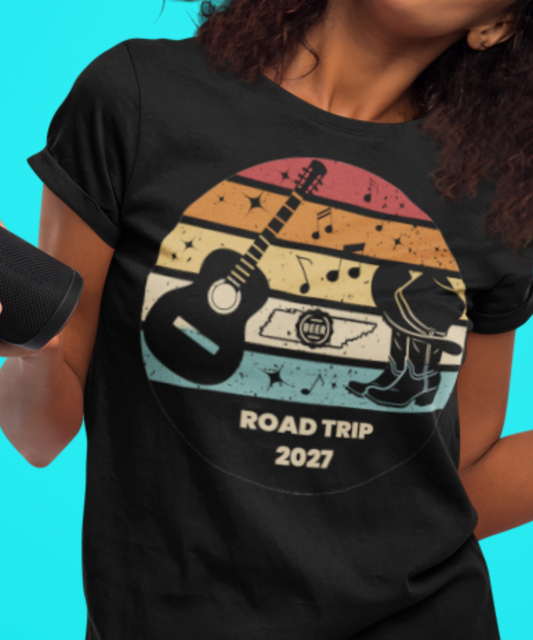 Boots, Beats & Broadway Vibes – Nashville Road Trip 2027 Tee Featuring Retro Look with Guitar Boots Hat Music Notes Beer Cap Outline of Tennessee | Premium Unisex Crewneck T-shirt | Bella + Canvas 3001