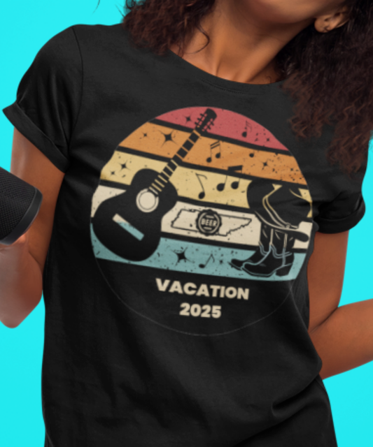 Boots, Beats & Broadway Vibes – Nashville Vacation 2025 Tee Featuring Retro Look with Guitar Boots Hat Music Notes Beer Cap Outline of Tennessee | Premium Unisex Crewneck T-shirt | Bella + Canvas 3001