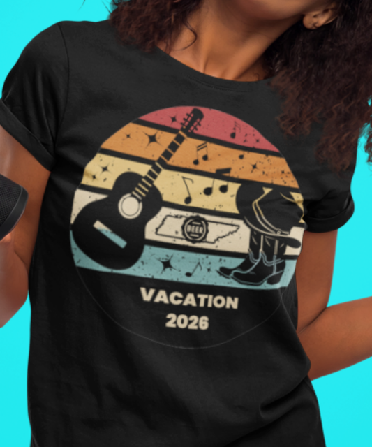 Boots, Beats & Broadway Vibes – Nashville Vacation 2026 Tee Featuring Retro Look with Guitar Boots Hat Music Notes Beer Cap Outline of Tennessee | Premium Unisex Crewneck T-shirt | Bella + Canvas 3001