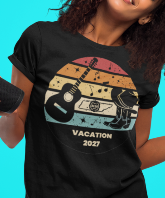 Boots, Beats & Broadway Vibes – Nashville Vacation 2027 Tee Featuring Retro Look with Guitar Boots Hat Music Notes Beer Cap Outline of Tennessee | Premium Unisex Crewneck T-shirt | Bella + Canvas 3001