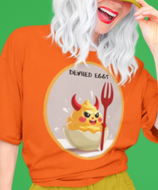“Deviled Eggs” – Spicy Attitude Tee with Horns, Fork & Sass Great Gift for Humorous Foodies Premium Unisex Crewneck T-shirt | Bella + Canvas 3001