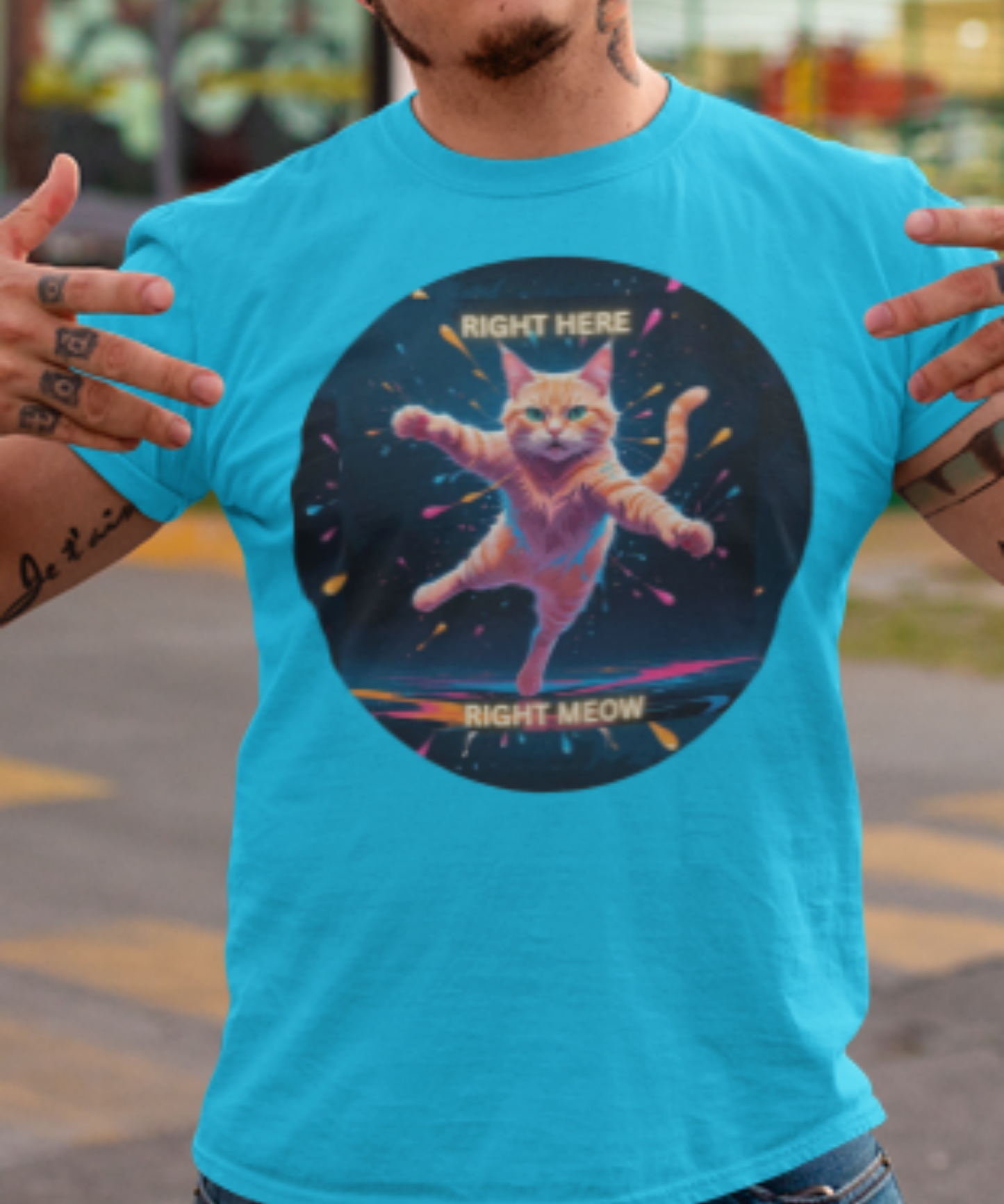 RIP TOBI (on back) Edition Neon Paint Splash Right Here Right Meow — Fierce Jumping Cat Tee Premium Unisex Crewneck T-shirt | Bella + Canvas 3001