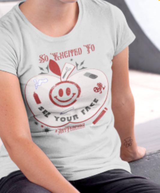 Back to School Apple Design Art Supplies Art Teacher "So Excited To See Your Face" Great Gift for Art Teacher Premium Unisex Crewneck T-shirt | Bella + Canvas 3001