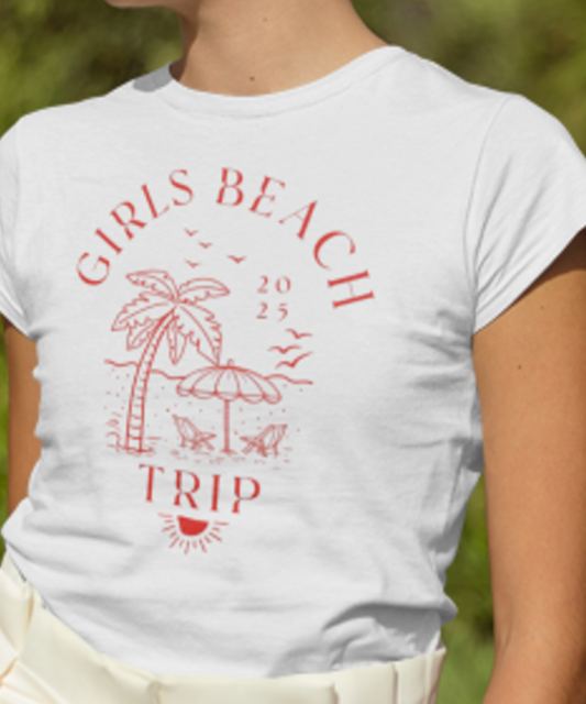 Girls Beach Trip 2025 Beach Bliss: Chairs, Palms & Ocean Vibes Tee Premium Unisex Crewneck T-shirt | Bella + Canvas 3001