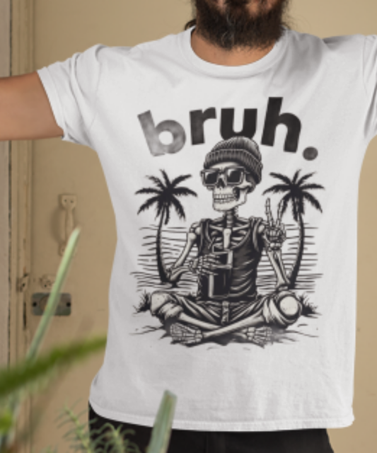 Skeleton bruh. Step into your most effortlessly cool era with this “Bruh” tee — featuring a bone-chilling skeleton hand flashing the ultimate peace sign. | Premium Unisex Crewneck T-shirt | Bella + Canvas 3001 White