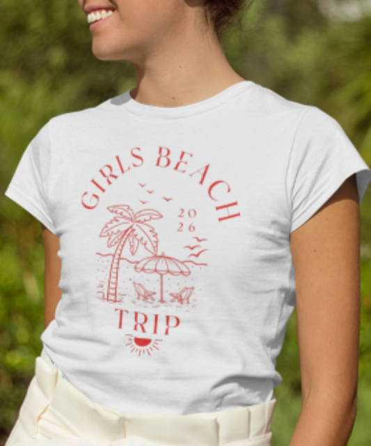 Girls Beach Trip 2026 Beach Bliss: Chairs, Palms & Ocean Vibes Tee Premium Unisex Crewneck T-shirt | Bella + Canvas 3001