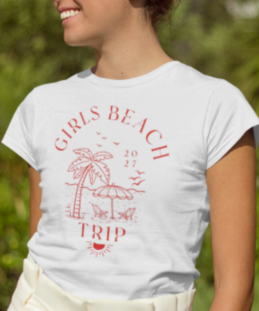 Girls Beach Trip 2027 Beach Bliss: Chairs, Palms & Ocean Vibes Tee Premium Unisex Crewneck T-shirt | Bella + Canvas 3001