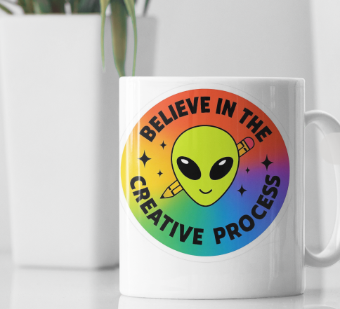 Believe in the Creative Process Alien with Pencil Great gift for alien or art enthusiasts.  | White 15oz Ceramic Mug