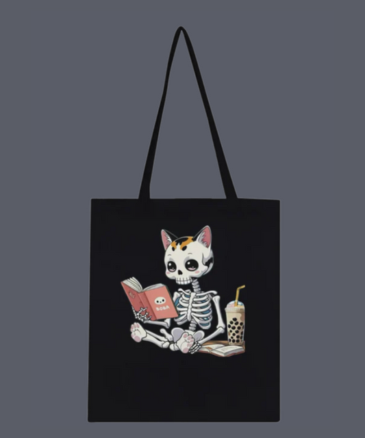 Bone‑Deep Bookworm: Funky Calico Skely Cat with Boba | Funky Unique Calico Skely Cat Reading Book with Boba Classic Tote Bag