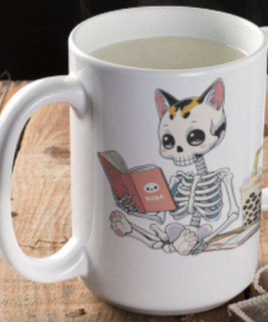 Bone‑Deep Bookworm: Funky Calico Skely Cat with Boba Coffee Mug | Funky Unique Calico Skely Cat Reading Book with Boba White 15oz Ceramic Mug