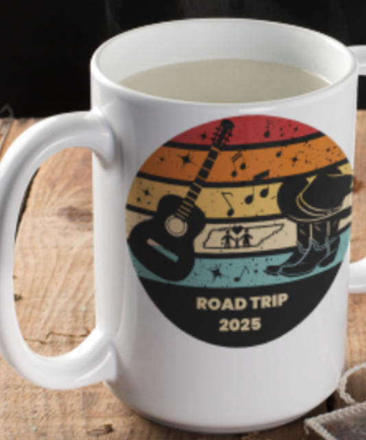 Boots, Beats & Broadway Vibes – Family Road Trip 2025 Coffee Mug Featuring Retro Look with Guitar Boots Hat Music Notes Outline of Tennessee White 15oz Ceramic Mug