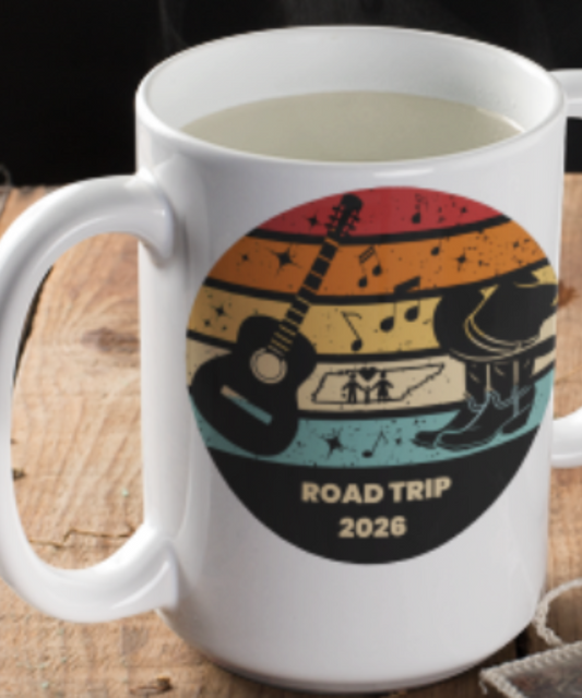 Boots, Beats & Broadway Vibes – Nashville Family Road Trip 2026 Coffee Mug Featuring Retro Look with Guitar Boots Hat Music Notes Outline of Tennessee White 15oz Ceramic Mug