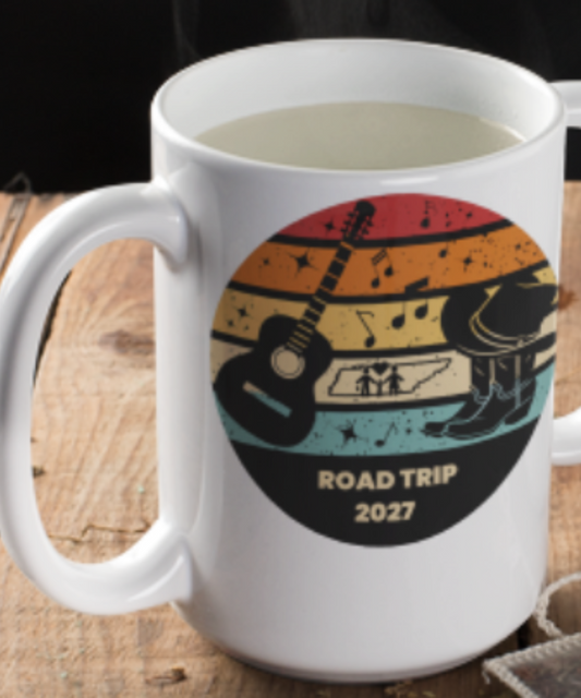 Boots, Beats & Broadway Vibes – Nashville Family Road Trip 2027 Coffee Mug Featuring Retro Look with Guitar Boots Hat Music Notes Outline of Tennessee | White 15oz Ceramic Mug