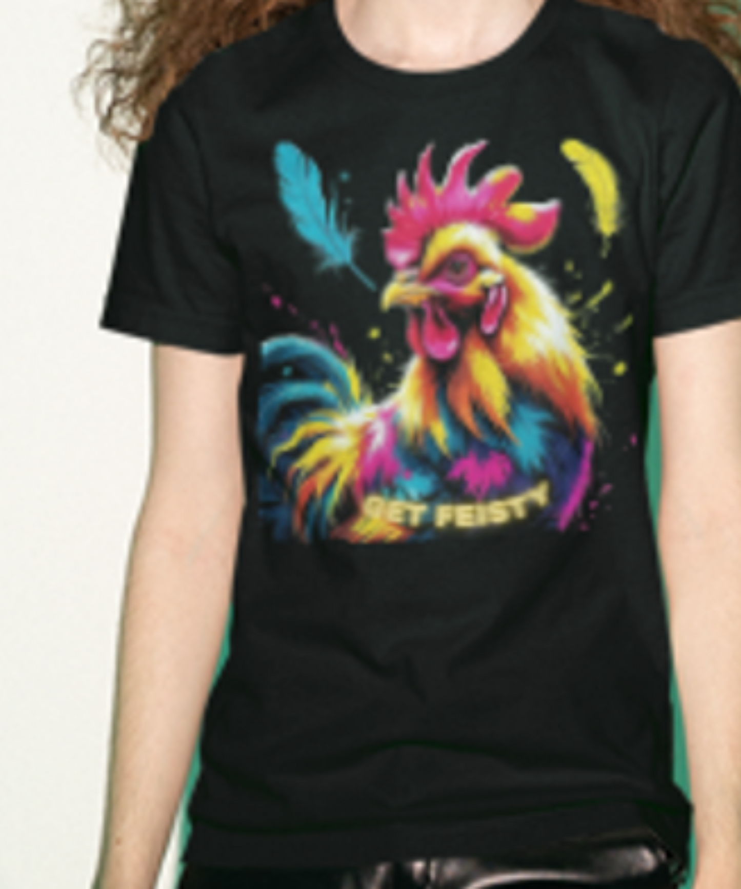 Get Feisty Feathered & Fierce – Neon Rooster Energy Great Gift for Rooster Lovers Premium Unisex Crewneck T-shirt | Bella + Canvas 3001