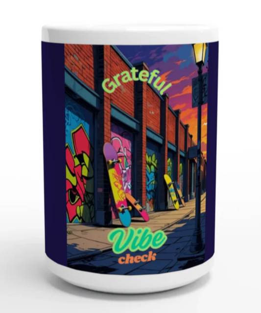 Recharge Your Day with Alley Gratitude Vibe Check Gratitude Coffee Mug that Combines Streetwise Style with Mindful Reflection Great Gift for Urban Edgy Street Art |White 15oz Ceramic Mug