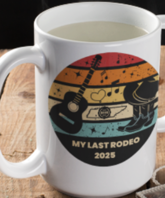 Boots, Beats & Broadway Vibes – Nashville 2025 My Last Rodeo Coffee Mug Featuring Retro Look with Guitar Boots Hat Music Notes Beer Cap Great Gift for Wedding Party Outline of Tennessee| White 15oz Ceramic Mug