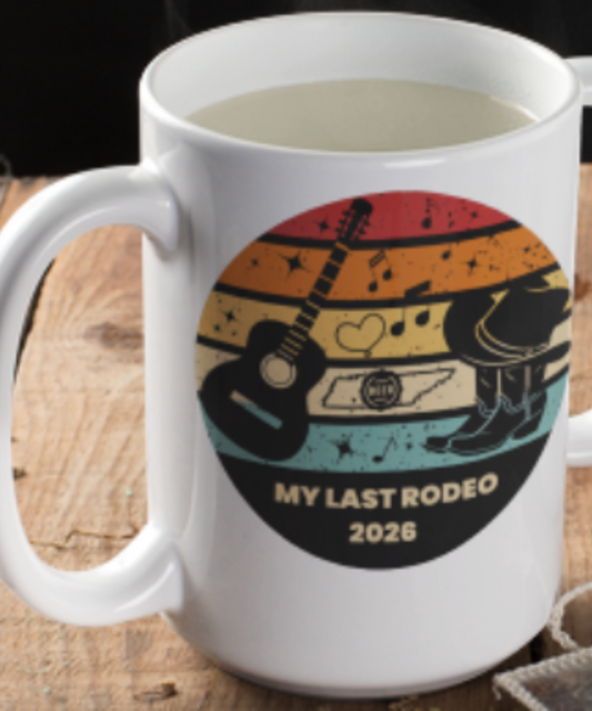 Boots, Beats & Broadway Vibes – Nashville 2026 My Last Rodeo Coffee Mug Featuring Retro Look with Guitar Boots Hat Music Notes Beer Cap Great Gift for Wedding Party Outline of Tennessee | White 15oz Ceramic Mug