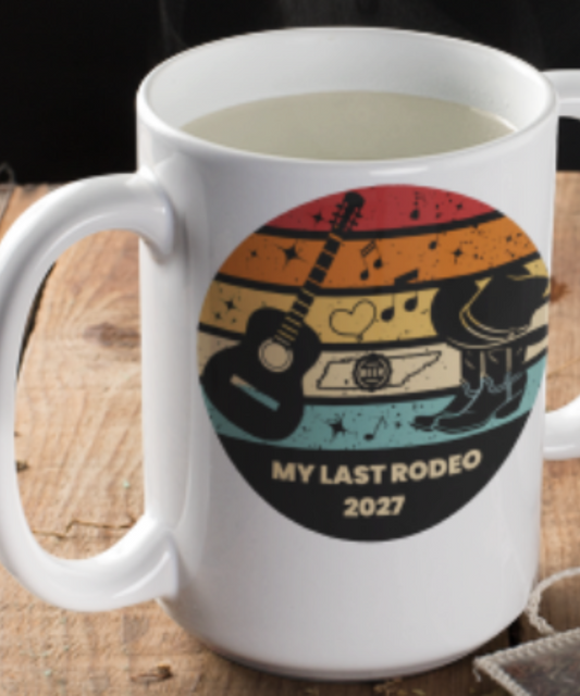 Boots, Beats & Broadway Vibes – Nashville 2027 My Last Rodeo Coffee Mug Featuring Retro Look with Guitar Boots Hat Music Notes Beer Cap Great Gift for Wedding Party Outline of Tennessee | White 15oz Ceramic Mug