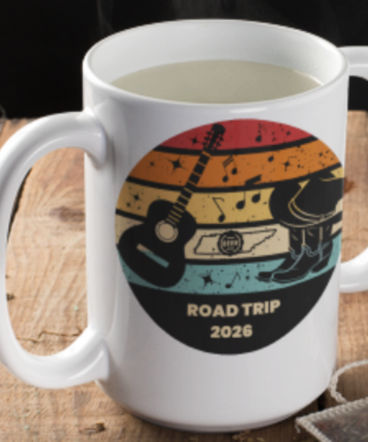 Boots, Beats & Broadway Vibes – Nashville Road Trip 2026 Coffee Mug Featuring Retro Look with Guitar Boots Hat Music Notes Beer Cap Outline of Tennessee Great Gift for Travel Group  | White 15oz Ceramic Mug