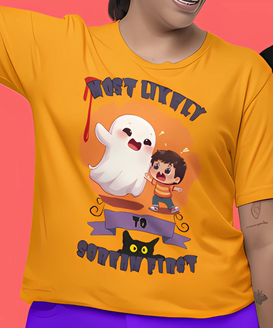 Most Likely To Scream First T-Shirt – Graphic Tee for Halloween Group Event Graphic Tee for Office Humor, Friend's Events and Work Gifts Premium Unisex Crewneck T-shirt | Bella + Canvas 3001