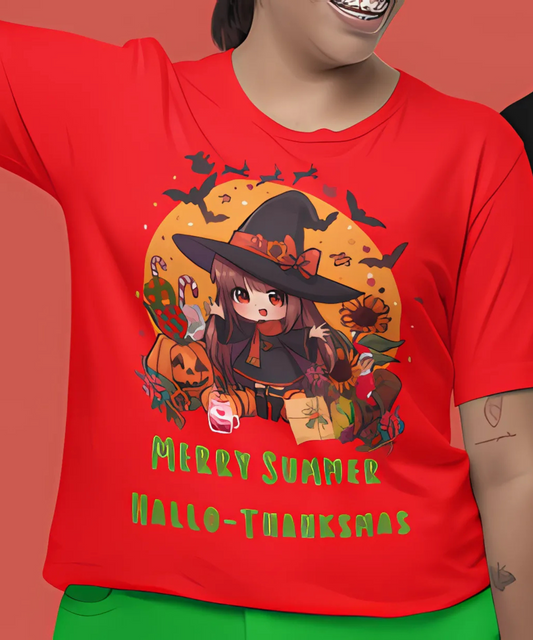 Merry Summer Hallo-Thanksmas Witch – Funny All-Holiday Mashup T-Shirt Great Gift for All Holiday Lovers Premium Unisex Crewneck T-shirt | Bella + Canvas 3001