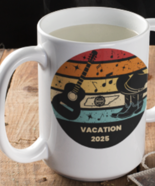 Boots, Beats & Broadway Vibes – Nashville Vacation 2025 Coffee Mug Featuring Retro Look with Guitar Boots Hat Music Notes Beer Cap Outline of Tennessee Great Gift for Travel Group  | White 15oz Ceramic Mug