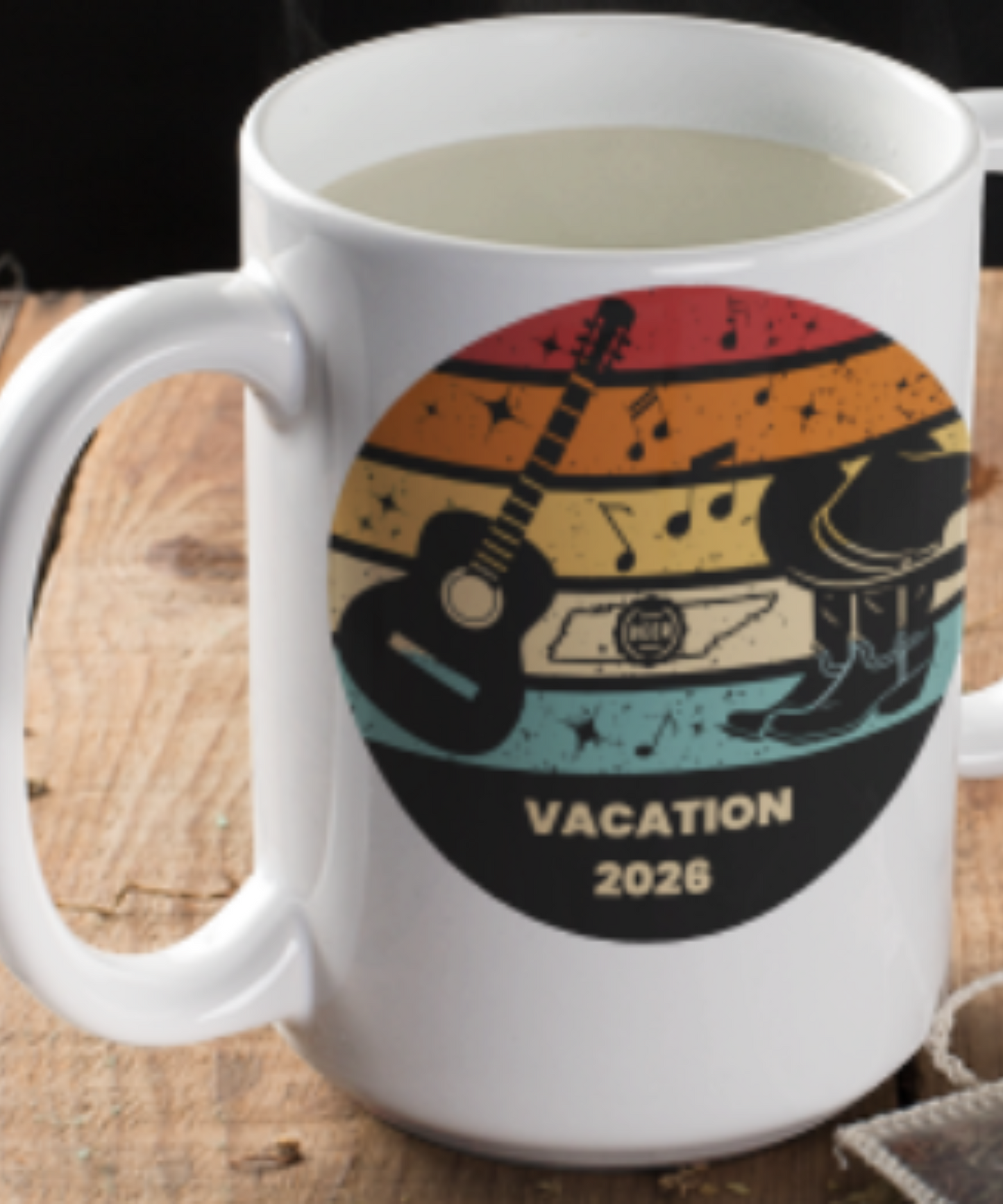 Boots, Beats & Broadway Vibes – Nashville Vacation 2026 Coffee Mug Featuring Retro Look with Guitar Boots Hat Music Notes Beer Cap Outline of Tennessee Great Gift for Travel Group  | White 15oz Ceramic Mug