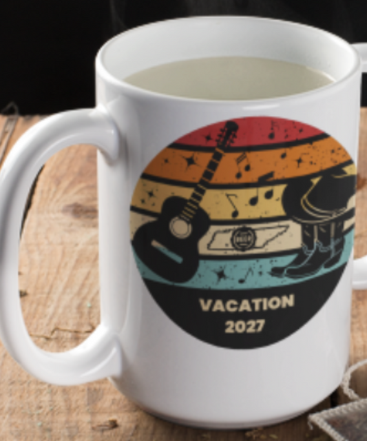 Boots, Beats & Broadway Vibes – Nashville Vacation 2027 Coffee Mug Featuring Retro Look with Guitar Boots Hat Music Notes Beer Cap Outline of Tennessee Great Gift for Travel Group  | White 15oz Ceramic Mug